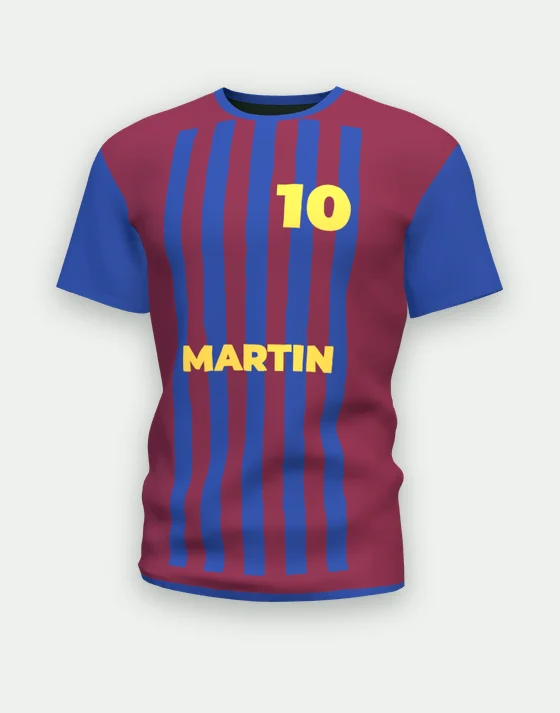 Maillot de foot personnalisable grenat & bleu, motif rayures