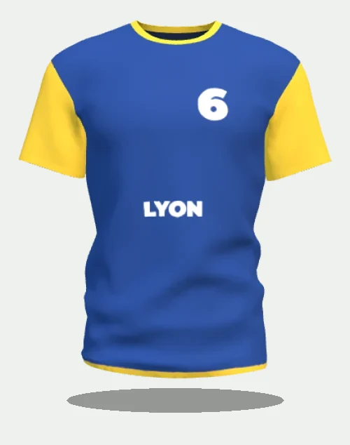 Maillot de basket personnalisé bleu et or au marquage Lyon, numéro 6