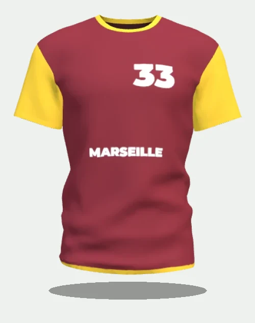 Maillot de basket personnalisé bordeaux et or au marquage Marseille, numéro 33