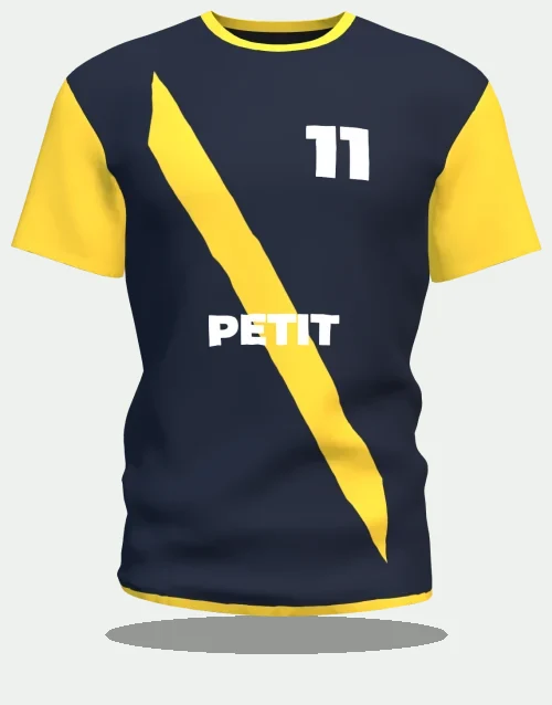 Maillot de club à bande diagonale noir et or, nom Petit et numéro 11
