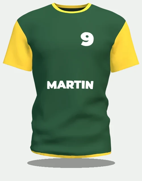 Maillot de club domicile vert et or, nom Martin et numéro 9