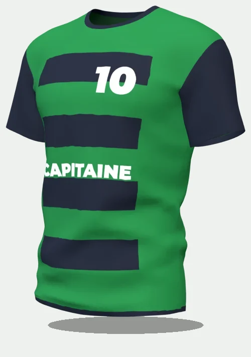 Maillot d'EVG à bandes vertes avec le surnom Capitaine, numéro 10