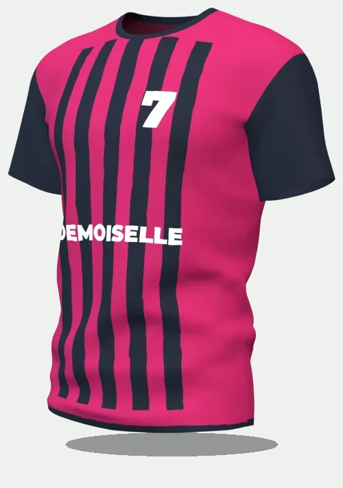 Maillot d'EVJF à rayures fuchsia avec le marquage Demoiselle, numéro 7