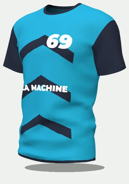 Maillot d'EVG à chevrons cyan avec le surnom La Machine, numéro 69