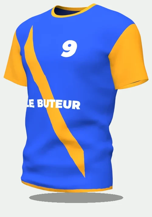 Maillot d'EVG bleu à bande diagonale avec le surnom Le Buteur, numéro 9