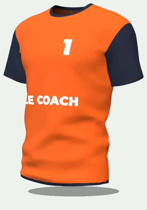 Maillot d'EVG orange avec le surnom Le Coach, numéro 1