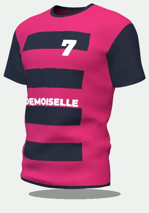 Maillot d'EVJF à bandes fuchsia avec le marquage Demoiselle, numéro 7
