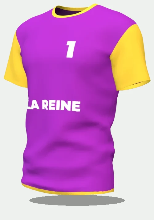 Maillot d'EVJF violet et or avec le marquage La Reine, numéro 1
