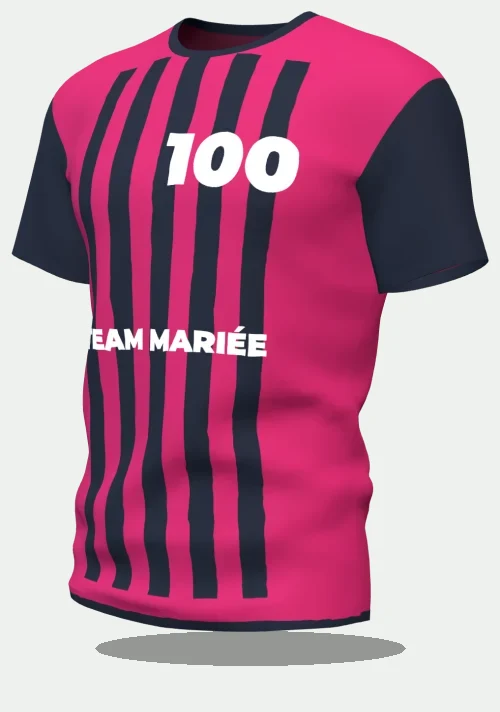 Maillot d'EVJF à rayures fuchsia avec le marquage Team Mariée, numéro 100