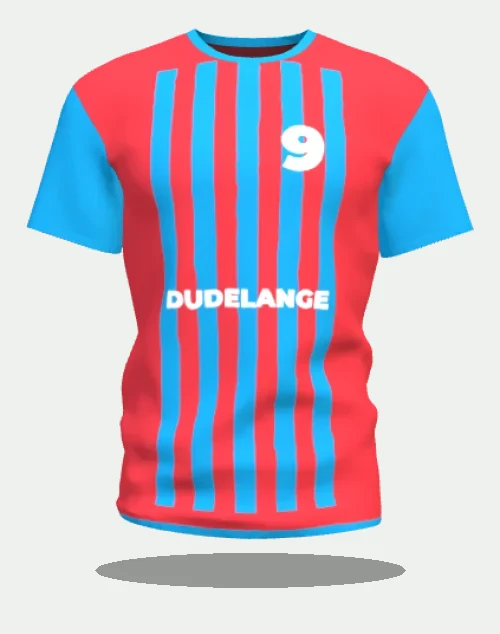 Maillot personnalisé à rayures rouge et bleu au marquage Dudelange, numéro 9