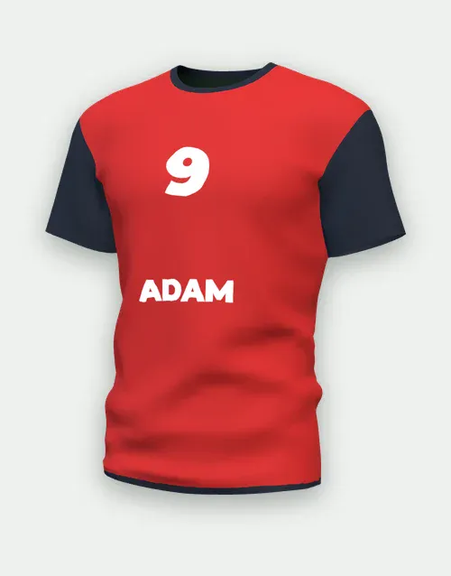 Maillot de foot personnalisé rouge et noir au prénom Adam, numéro 9