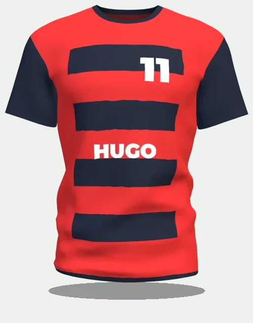 Maillot de foot personnalisé rouge et noir au prénom Hugo, numéro 11
