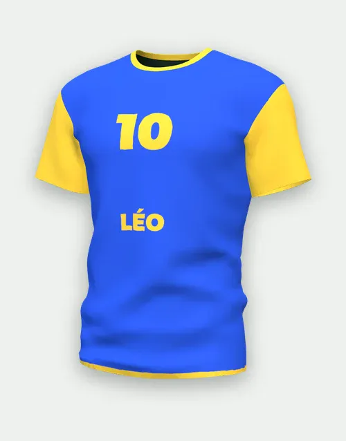Maillot de foot personnalisé bleu et or au prénom Léo, numéro 10