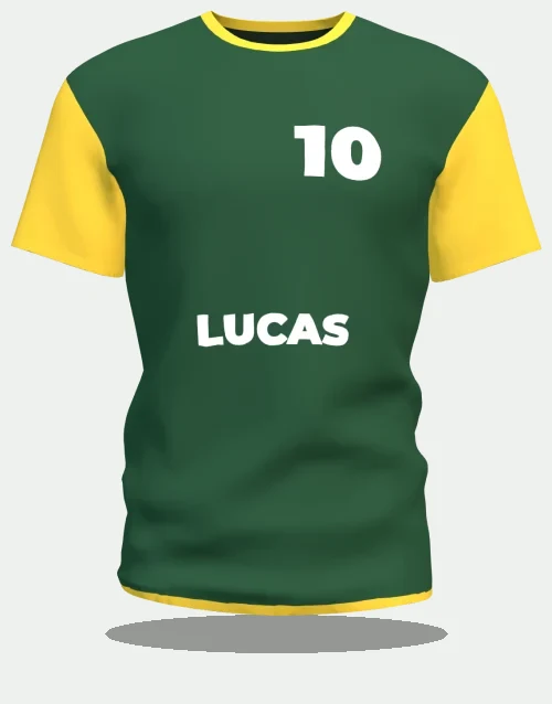 Maillot de foot personnalisé vert et or au prénom Lucas, numéro 10