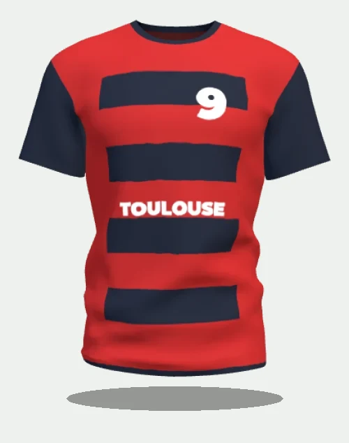Maillot de rugby personnalisé à bandes rouge et noir au marquage Toulouse, numéro 9