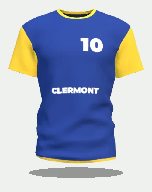 Maillot de rugby personnalisé bleu et jaune au marquage Clermont, numéro 10