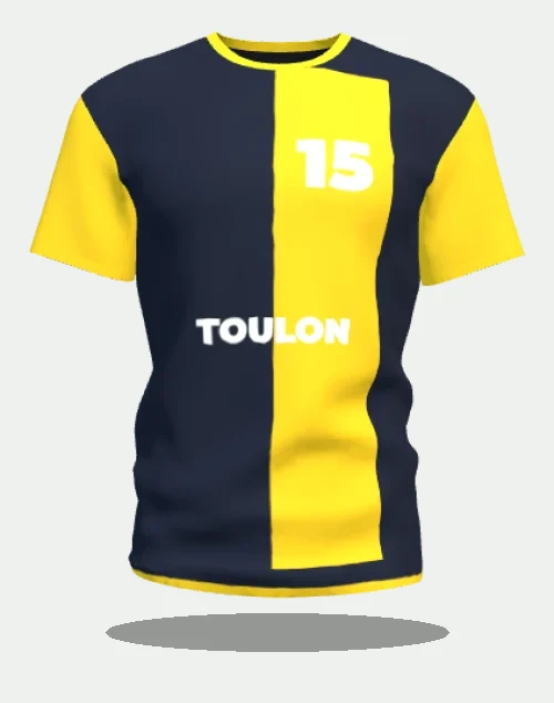 Maillot de rugby personnalisé bicolore noir et jaune au marquage Toulon, numéro 15