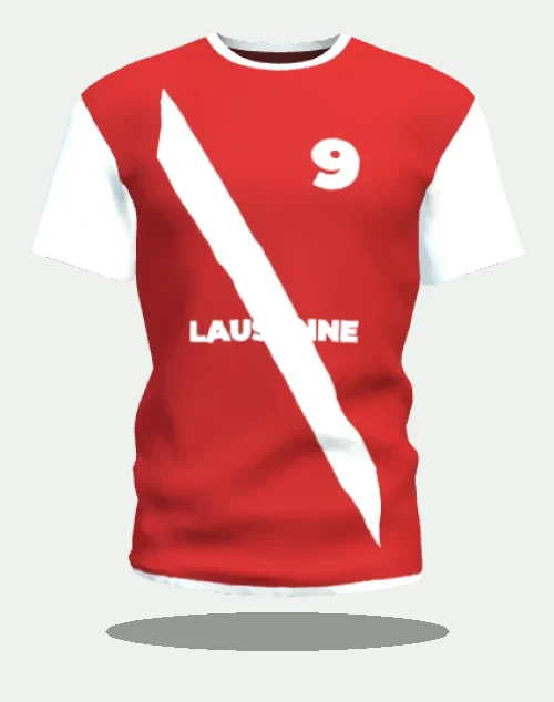 Maillot personnalisé rouge à bande diagonale au marquage Lausanne, numéro 9